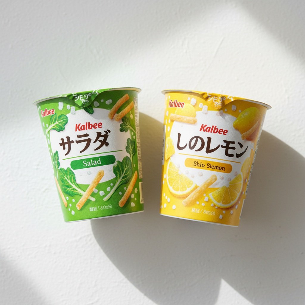 Close-up of the Jagariko Shio Lemon cup next to the standard Salad variant — the yellow-and-white summer packaging vs. the green