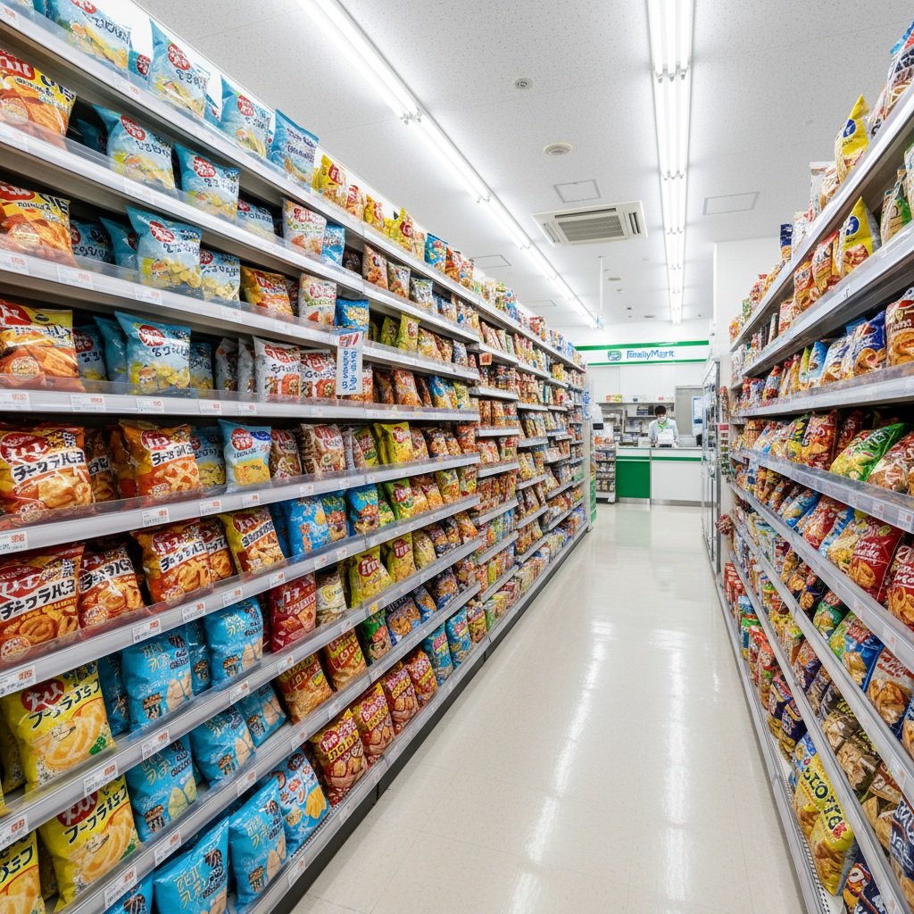 A Tokyo konbini snack aisle in late May — shelves stocked with summer seasonal packaging, blue and white color schemes dominant